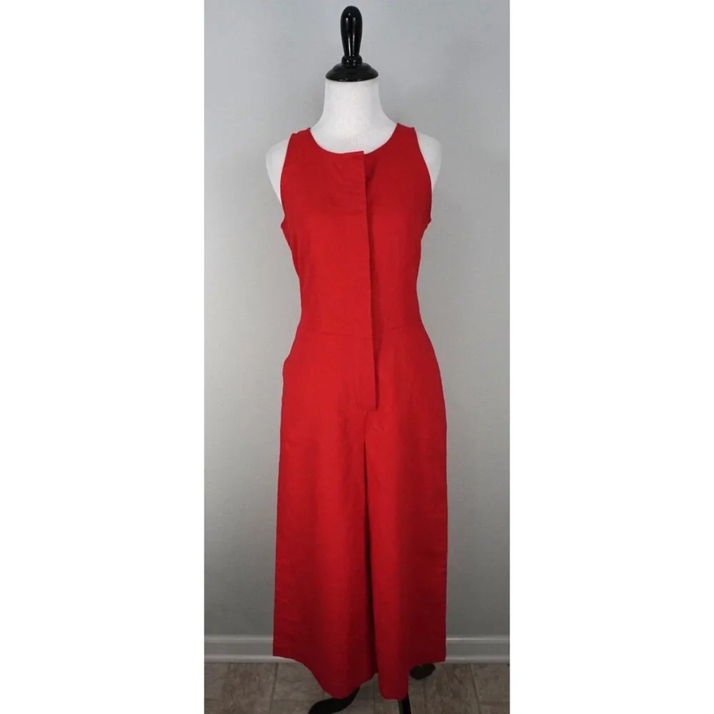 Banana Republic Red Sleeveless Button Up Linen Blend Romper Jumpsuit Wide Leg 0